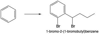 Synthesis pathway from benzene to 1-bromo-2-(1-bromobutyl)benzene in EAS reactions.