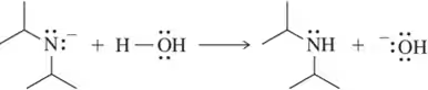 Chemical reaction showing tert-butylamine reacting with water to form tert-butylammonium ion and hydroxide ion.