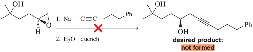 Reaction scheme showing acetylide and epoxide; desired product not formed, indicating a side reaction occurs instead.
