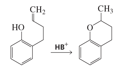 Chemical reaction mechanism illustrating acid-catalyzed alkoxylation, showing reactants and products with structural formulas.
