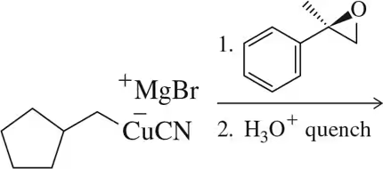 Grignard reagent with CuCN reacts with epoxide, followed by H3O+ quench, to predict the product.