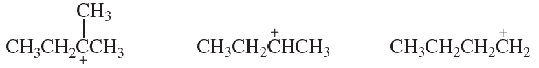Three carbocation structures are shown, labeled for stability ranking from most to least stable.