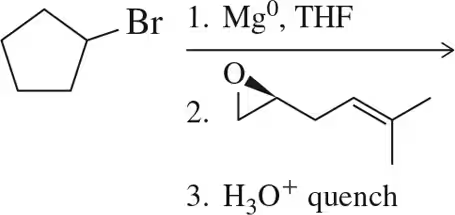 Chemical reaction diagram showing a brominated compound undergoing Grignard reaction with steps for reagent addition and quenching.