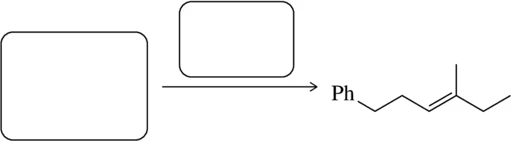 Diagram illustrating a reaction mechanism with empty boxes leading to a phenyl-substituted alkene product.