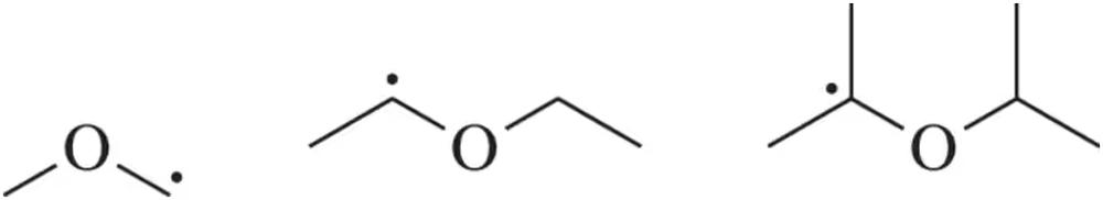 Three ether radicals: methoxy, ethoxy, and isopropoxy, depicted with dots indicating unpaired electrons.
