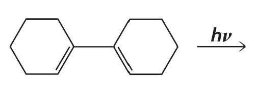 Chemical structure illustrating a photochemical cycloaddition reaction with two benzene rings and a light energy symbol.