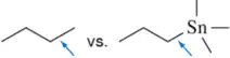 Chemical structure comparison: two molecules with arrows indicating bonds, one with a tin (Sn) atom, assessing bond-dissociation energy.