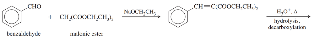 Chemical reaction diagram showing benzaldehyde and malonic ester reacting to form a compound undergoing hydrolysis and decarboxylation.