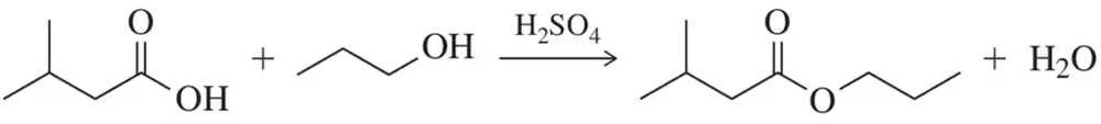 Chemical reaction: carboxylic acid and alcohol form an ester and water, using H2SO4 as a catalyst.