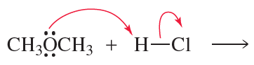 Chemical reaction diagram showing the reaction of CH3OCH3 with HCl, indicating product formation with red arrows.