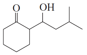 Chemical structure showing a six-membered ring with a carbonyl group and a hydroxyl group, illustrating aldol condensation.