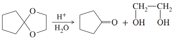 Chemical reaction diagram illustrating the conversion of a cyclic acetal to a carbonyl compound and alcohols.