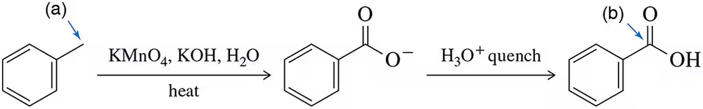Chemical reaction showing oxidation of benzyl alcohol to benzoic acid using KMnO4, KOH, H2O, and H3O+ quench.