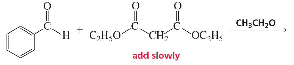 Chemical reaction diagram illustrating a Knoevenagel condensation with labeled reactants and the instruction "add slowly" in red.