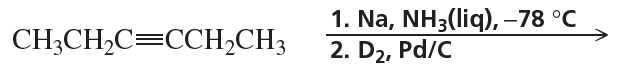 Chemical reaction showing the hydrogenation of an alkyne with reagents and conditions listed for stereoisomer formation.