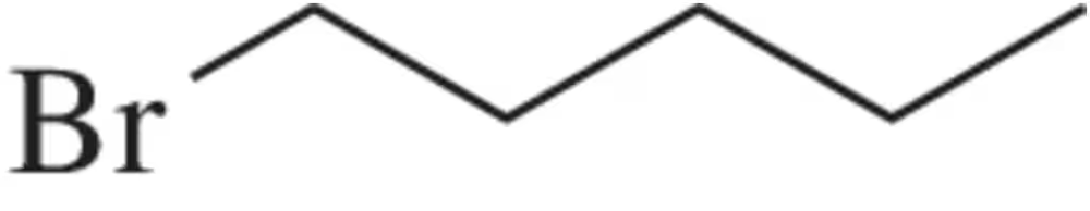 Structural formula of 1-bromopentane, showing a bromine atom bonded to a five-carbon chain.