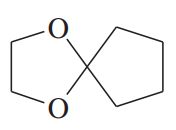 Chemical structure of an acetal with two oxygen atoms and a cyclic component, illustrating functional groups and hydrolysis.