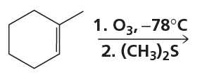 Chemical reaction diagram showing ozonolysis of a cyclic compound with reaction conditions and reagents listed.