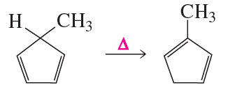 Chemical structure transformation illustrating a pericyclic reaction with reactants on the left and product on the right.