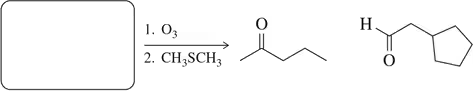 Blank reactant box with ozonolysis reagents O3, CH3SCH3, forming two carbonyl compounds: propanal and cyclopentanone.