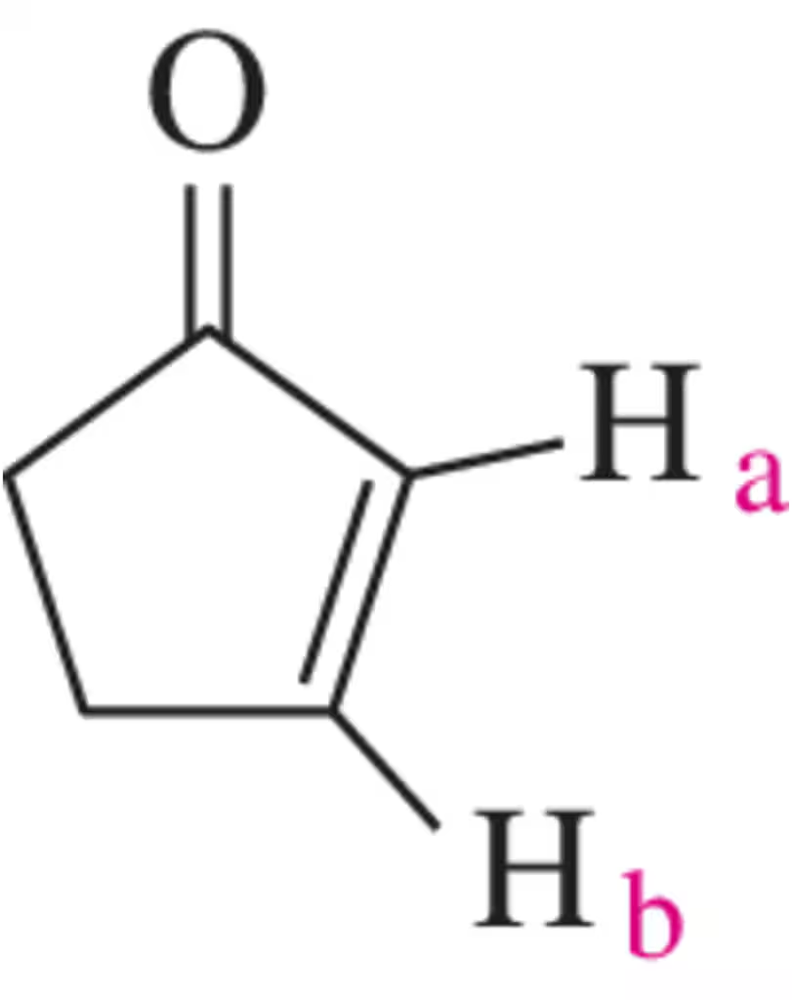 Chemical structure with labeled alkene hydrogens Hₐ and H_b, highlighting differences in chemical shifts.