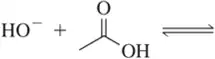 Chemical reaction showing hydroxide ion reacting with a carbonyl compound, illustrating acid-base interactions.