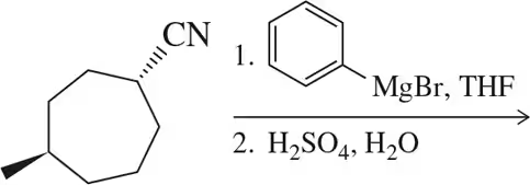 Cyclohexanecarbonitrile reacts with phenylmagnesium bromide in THF, followed by H2SO4 and H2O, to predict the product.