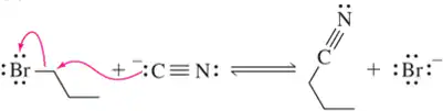Diagram illustrating the transition state for a reaction with a nitrogen triple bond and bromine, showing electron movement.