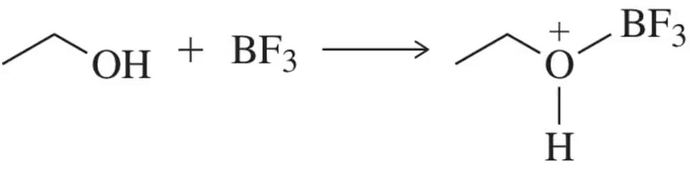 Reaction diagram showing hydroxyl group interacting with BF3, indicating acid-base behavior and arrow-pushing mechanism.