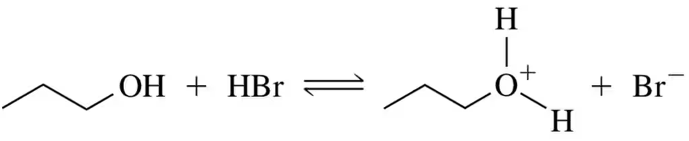 Chemical equation showing the equilibrium of an acid-base reaction with hydroxide and hydrobromic acid.