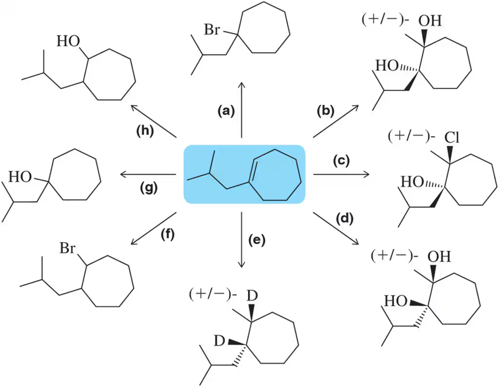 Diagram showing the conversion of 1-isobutylcyclohexene into various products using different reagents.