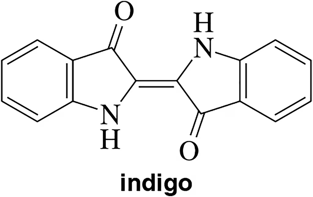 Chemical structure of indigo, a dye, featuring two fused aromatic rings and labeled with the name "indigo."