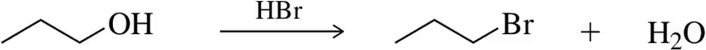 Chemical reaction showing the conversion of an alcohol to a bromide and water using HBr as a reagent.