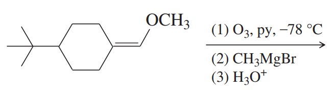 Chemical structure showing ozonolysis reaction steps with reagents O3, pyridine, CH3MgBr, and H3O+ for product formation.