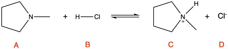 Acid-base equilibrium reaction diagram with labeled components A, B, C, D.