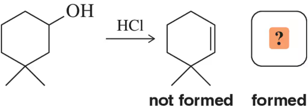Chemical reaction diagram showing dehydration with HCl; product not formed indicated with a question mark.
