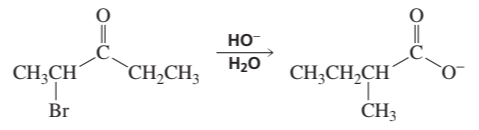 Favorskii reaction mechanism showing a-haloketone converting to a carboxylic acid with hydroxide ion.