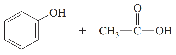 Chemical structures of a phenol with hydroxyl group and a carboxylic acid with a methyl group, indicating esterification reaction.