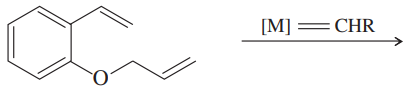 Chemical structure illustrating metathesis reactions with a catalyst, showing reactants and expected product formation.