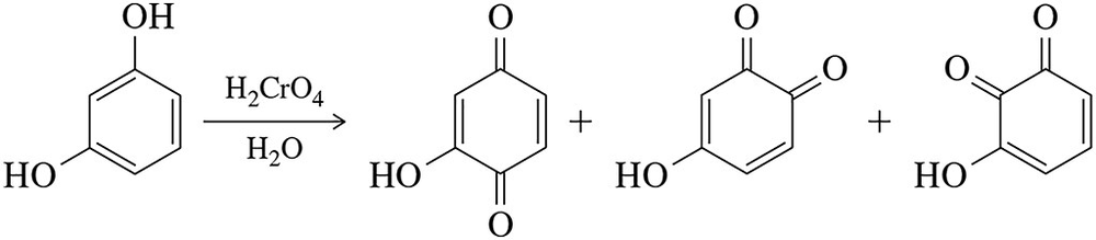 Chemical reaction showing meta-dihydroxybenzene oxidized by chromic acid, yielding three different quinone products.