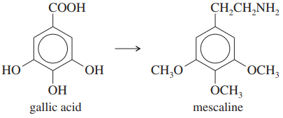 Chemical structure transformation from gallic acid to mescaline, illustrating a multistep synthesis process.