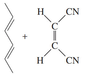 Chemical structures illustrating a Diels-Alder reaction with reactants and proposed products, including stereochemistry.
