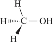 Structural formula of a carbon atom bonded to three hydrogen atoms and one hydroxyl group, illustrating hybridization.