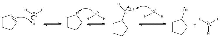 Mechanism of acid-catalyzed hydration of an alkene to form an alcohol.