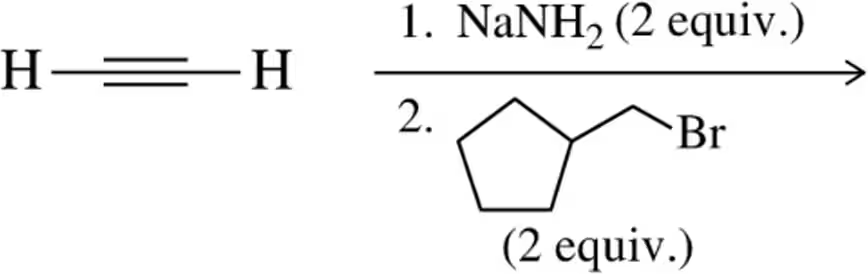 Acetylide alkylation reaction showing reactants and products with specified reagents and conditions.