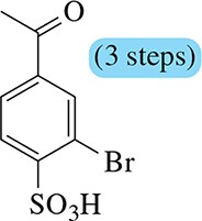 Chemical structure of a substituted benzene with a carboxylic acid, bromine, and sulfonic acid groups, labeled "3 steps."