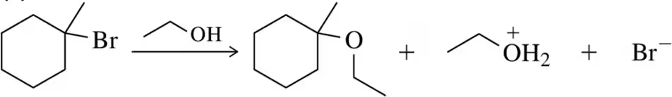 Chemical reaction diagram illustrating an SN1 reaction mechanism with reactants and products labeled.