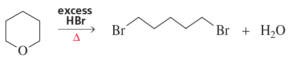 Reaction mechanism showing ether cleavage with excess HBr producing dibromide and water.