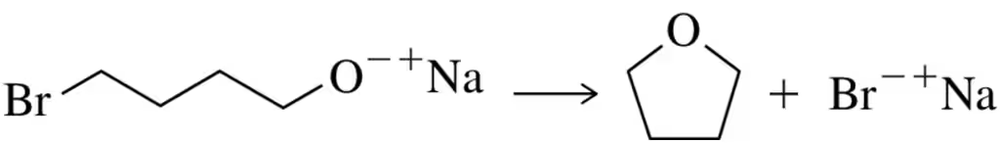 Chemical reaction diagram showing a strong base reacting with a 1° haloalkane, resulting in a cyclic ether and bromide ion.