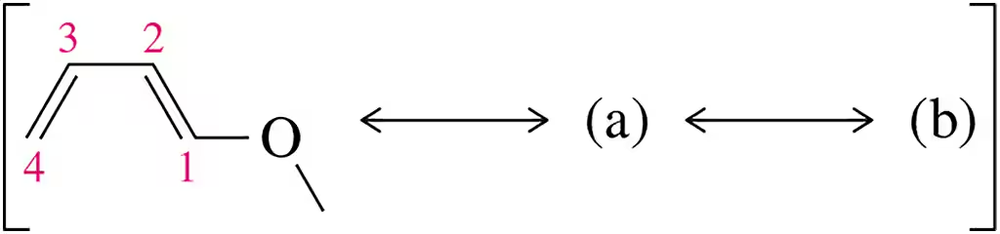 Resonance structures of a molecule with labeled carbon atoms and an oxygen atom, illustrating electron delocalization.